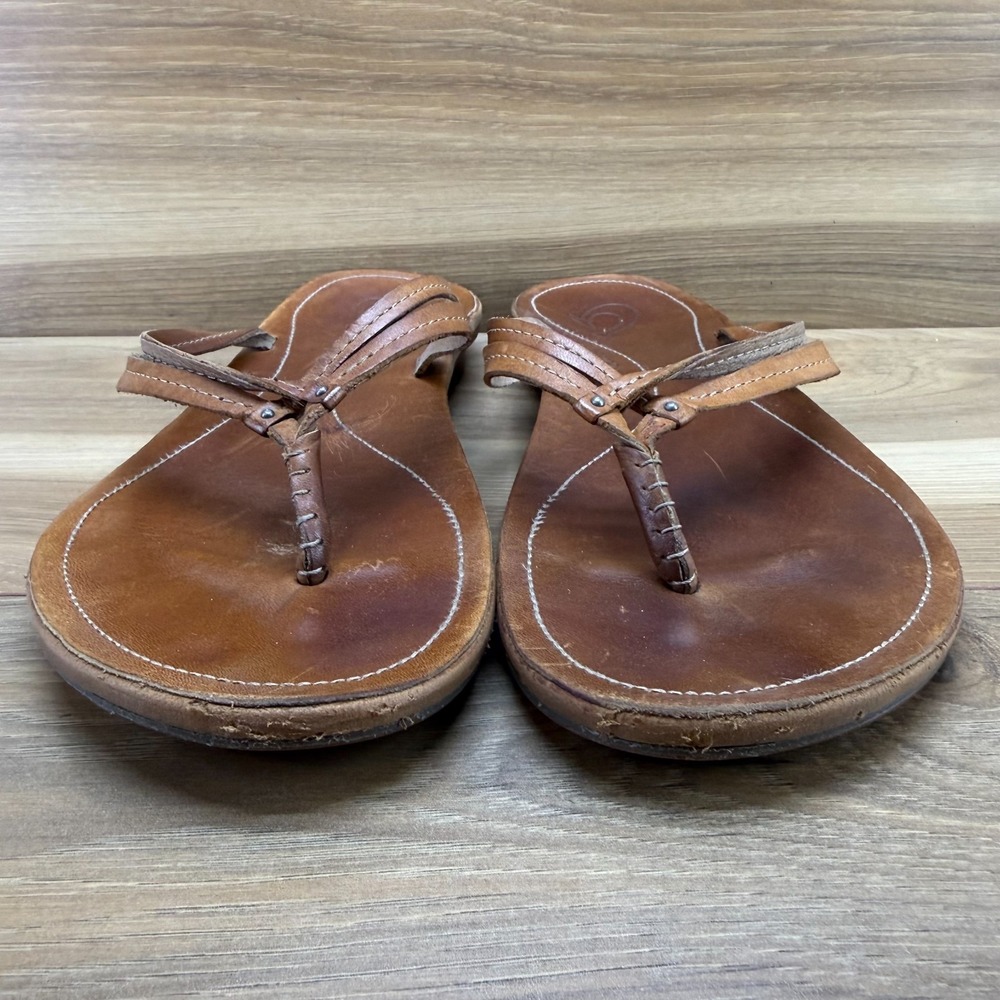 Olukai Kapehe Luana Flip Flops Womens 11 Cognac Leather Thong Sandals - Picture 3 of 10